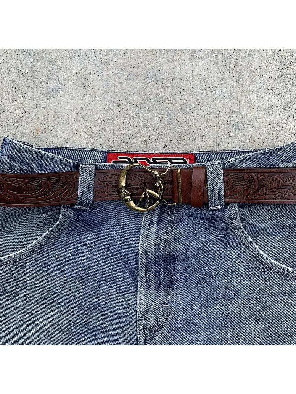 Half moon and Woman belt buckle brown belt. 44 inches length